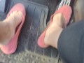 Pedal pumping in dirty worn out pink flat ballet shoes no socks