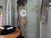 Step-sister arrives from the gym and goes to take a shower, her step-brother watches her take a show