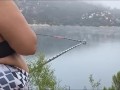 Got caught flashing my big tits to fisherman on the lake. Pov hubby films