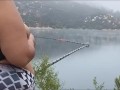 Got caught flashing my big tits to fisherman on the lake. Pov hubby films
