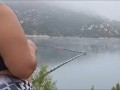 Got caught flashing my big tits to fisherman on the lake. Pov hubby films