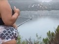 Got caught flashing my big tits to fisherman on the lake. Pov hubby films
