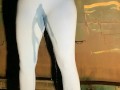 Slut drenches her yoga pants in piss outdoors