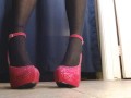 Black Thigh High Stockings Gorgeous Fuchsia Gem Heels