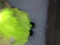 Pregnant & blindfolded wife with neon yellow hair teasing a cock with her tongue then creampied