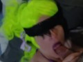 Pregnant & blindfolded wife with neon yellow hair teasing a cock with her tongue then creampied