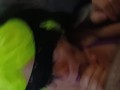 Pregnant & blindfolded wife with neon yellow hair teasing a cock with her tongue then creampied