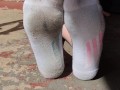Clean & dirty white ankle socks wiggling my toes