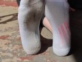 Clean & dirty white ankle socks wiggling my toes