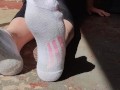 Clean & dirty white ankle socks wiggling my toes
