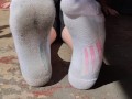 Clean & dirty white ankle socks wiggling my toes