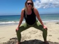 girl doing yoga on the beach and pissed her pants Public