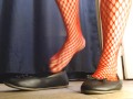 Red Fishnets Ballet Flats Shoeplay Dipping Toe Wiggling