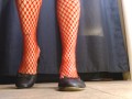 Red Fishnets Ballet Flats Shoeplay Dipping Toe Wiggling
