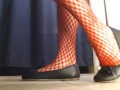 Red Fishnets Ballet Flats Shoeplay Dipping Toe Wiggling
