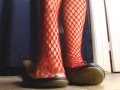Red Fishnets Ballet Flats Shoeplay Dipping Toe Wiggling