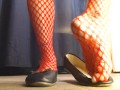 Red Fishnets Ballet Flats Shoeplay Dipping Toe Wiggling