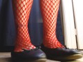 Red Fishnets Ballet Flats Shoeplay Dipping Toe Wiggling