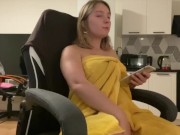 The bitch decided to jerk off, but the guy came home and licked pussy in her clothes