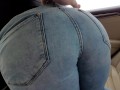 Pulling down Tight Jeans of Big Ass Brunette and Covered Her in Cum