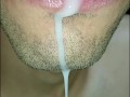 tongue, saliva, lengua , sloopy, sucking, escupir fetish,  babeante primer plano, semen fluyendo