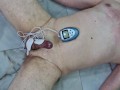 CBT, games with electricity. Mistress connected an electrostimulator to the cock and balls of slave