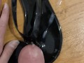 Fuck Shiny Black Flip Flop and Cum in Sandal