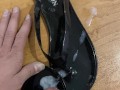 Fuck Shiny Black Flip Flop and Cum in Sandal