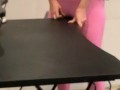 Girl squirts through yoga pants while humping gamer desk