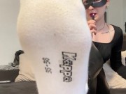 Kneel down and be good, then the mistress will let you smell her sweaty soles!