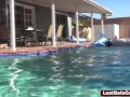 Four skinny ladies in the pool along with their male friend