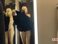 Naked girl with a big tits in the public locker room, try on transparent clothes