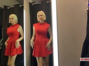 Naked girl with a big tits in the public locker room, try on transparent clothes
