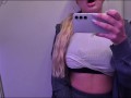 ALMOST CAUGHT! Risky airplane blowjob/handjob and pussy fingering in public toilet