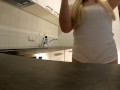 Big Ass Big Boobs Blonde Bored MILF Horny Housewife in a T-Shirt without a Bra takes her Panties Off