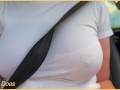 Wifey with perfect braless tits flashing in the car