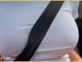 Wifey with perfect braless tits flashing in the car