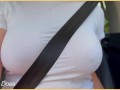 Wifey with perfect braless tits flashing in the car