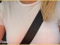 Wifey with perfect braless tits flashing in the car
