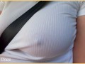 Wifey with perfect braless tits flashing in the car