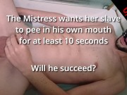 Slave man with spider gag pisses in his own mouth at the order of his mistress