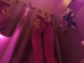 In a public fitting room, a naked girl with a juicy ass tries on panties and underwear. Caught mastu