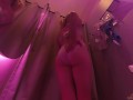 In a public fitting room, a naked girl with a juicy ass tries on panties and underwear. Caught mastu
