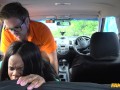 Fake Driving School - Ebony BBW takes off her BIG PANTIES and has sex in a car