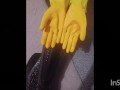 Mistress Night Milks slaves cock in sexy RUBBER GLOVES! Who wants to lick them clean?
