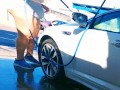 Sexy exhibitionist wife flashing voyeur at car wash