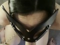 Collared and leashed slut sucks dick and takes cum all over her face