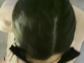 Collared and leashed slut sucks dick and takes cum all over her face