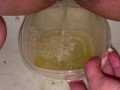 Babe does close up piss in Tupperware container