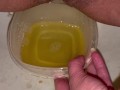 Babe does close up piss in Tupperware container